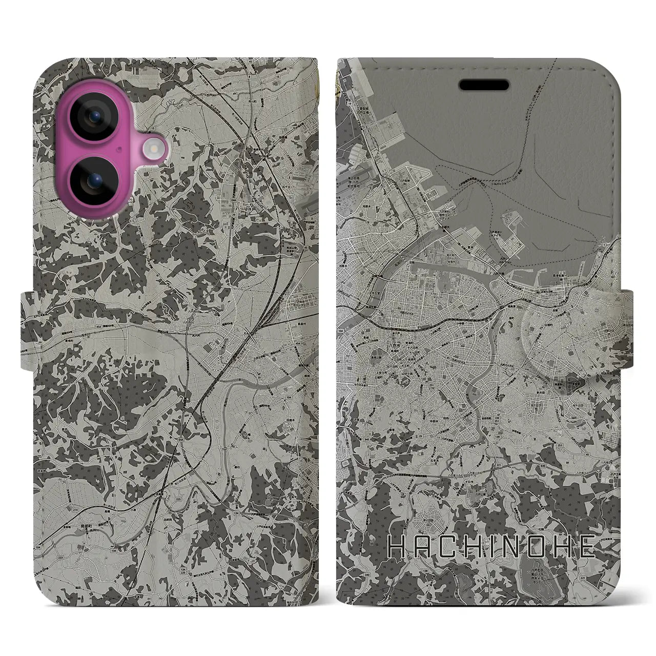 【八戸(青森県)】地図柄iPhoneケース(手帳タイプ)モノトーン・iPhone 16 Pro 用