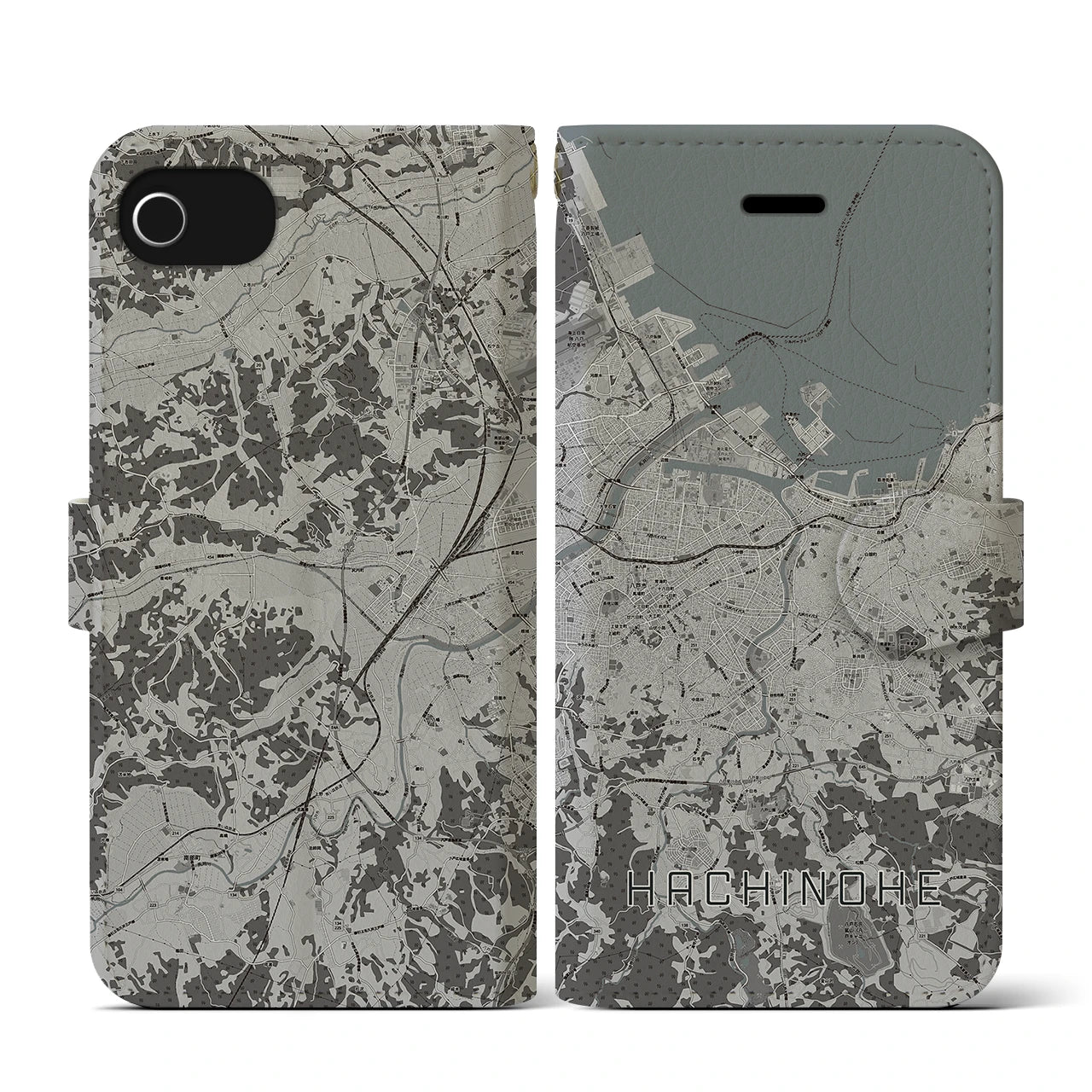 【八戸(青森県)】地図柄iPhoneケース(手帳タイプ)モノトーン・iPhone SE(第3 / 第2世代) / 8 / 7 / 6s / 6 用