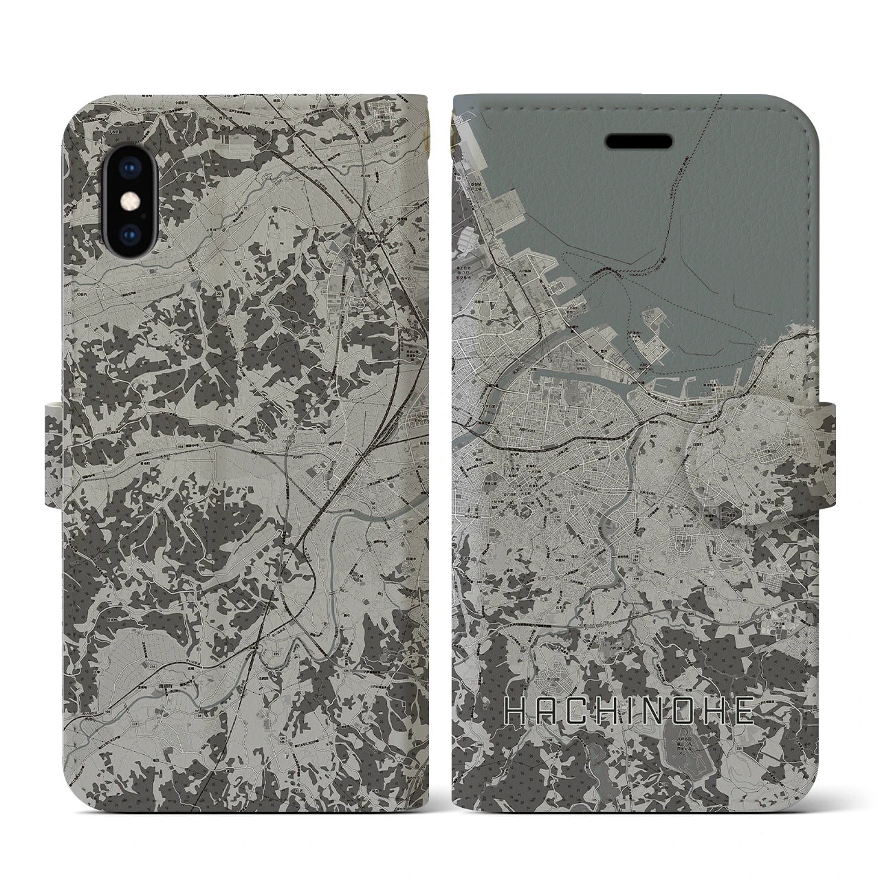 【八戸(青森県)】地図柄iPhoneケース(手帳タイプ)モノトーン・iPhone XS / X 用