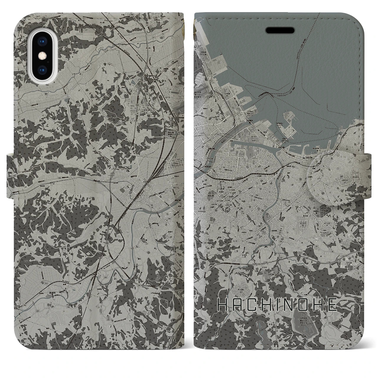 【八戸(青森県)】地図柄iPhoneケース(手帳タイプ)モノトーン・iPhone XS Max 用
