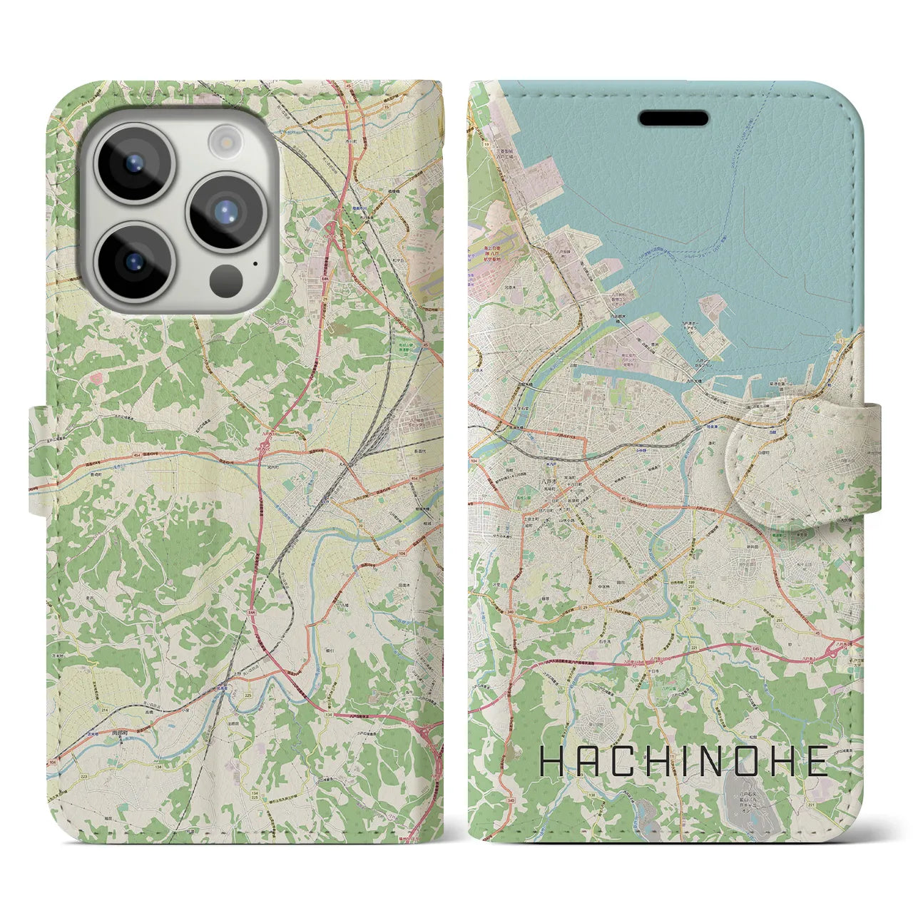 【八戸(青森県)】地図柄iPhoneケース(手帳タイプ)ナチュラル・iPhone 15 Pro 用
