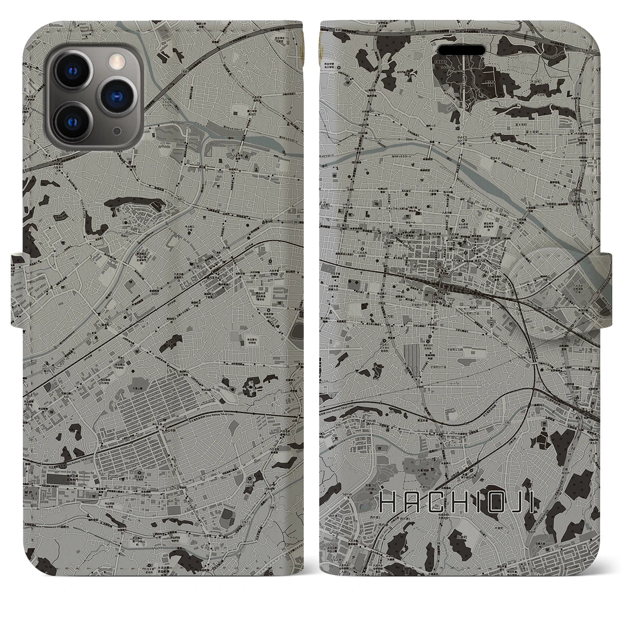 【八王子(東京都)】地図柄iPhoneケース(手帳タイプ)モノトーン・iPhone 11 Pro Max 用