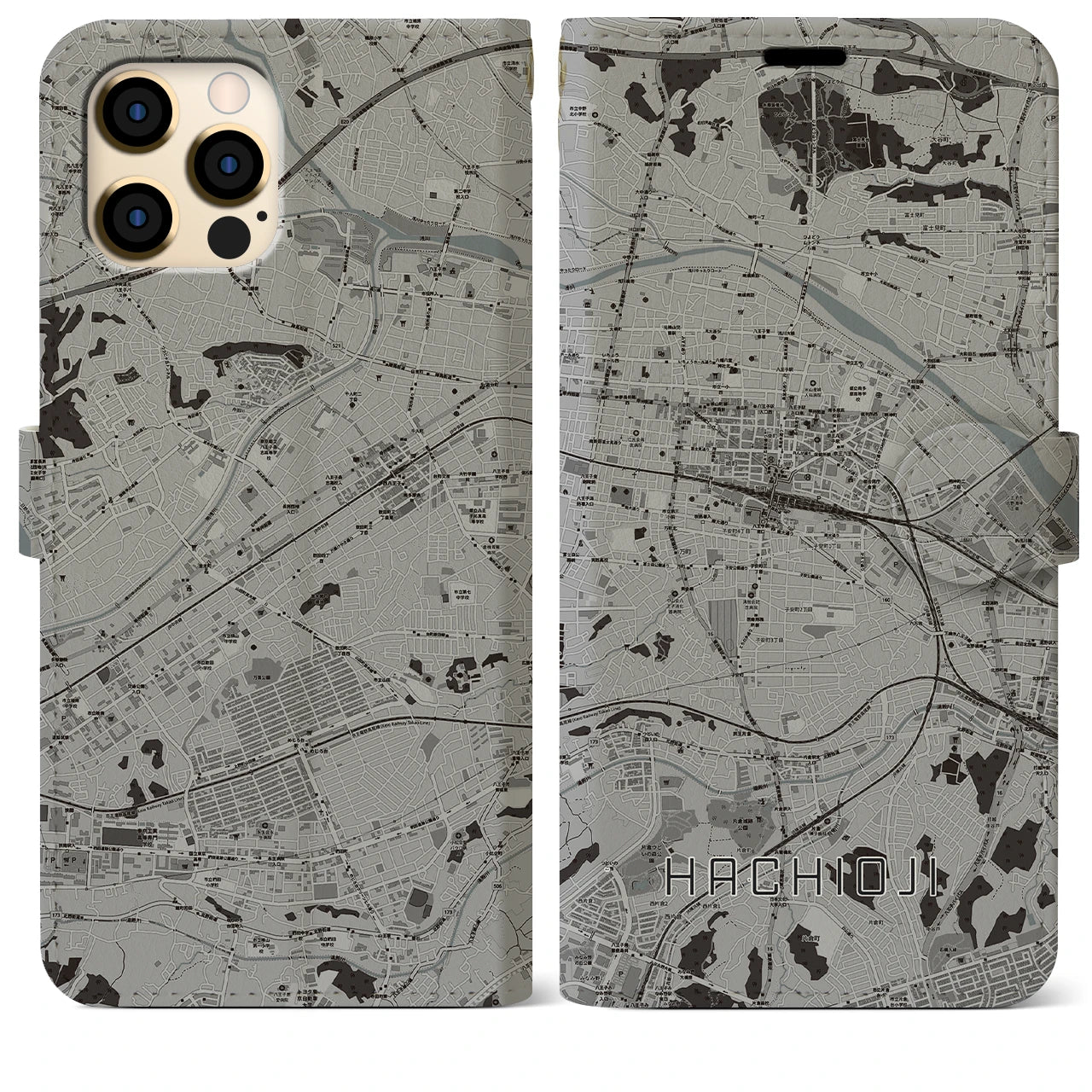 【八王子(東京都)】地図柄iPhoneケース(手帳タイプ)モノトーン・iPhone 12 Pro Max 用