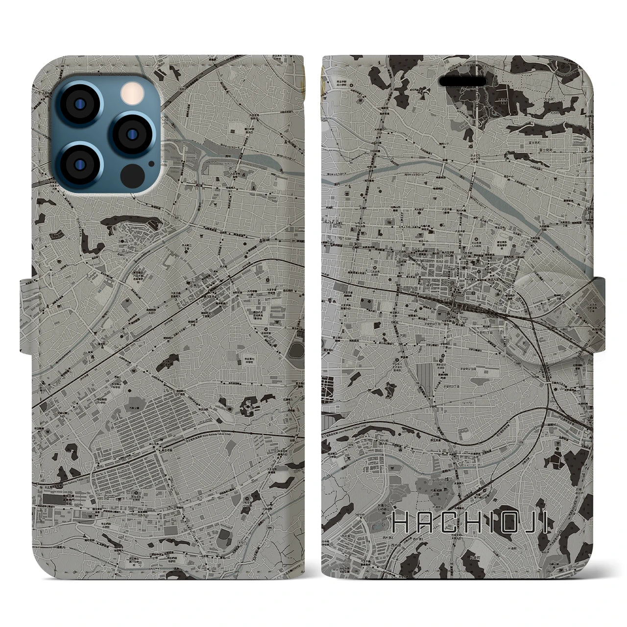【八王子(東京都)】地図柄iPhoneケース(手帳タイプ)モノトーン・iPhone 12 / 12 Pro 用