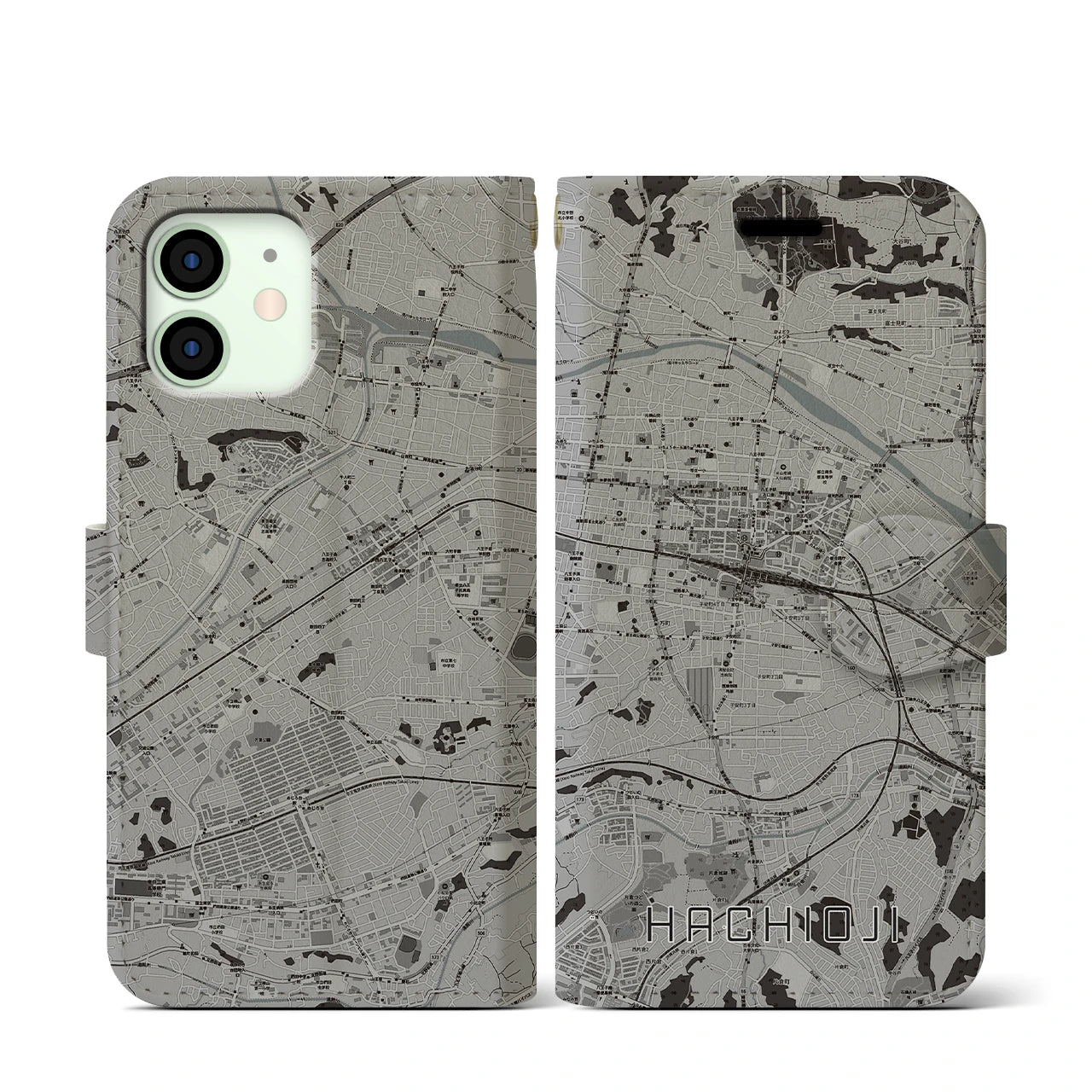 【八王子(東京都)】地図柄iPhoneケース(手帳タイプ)モノトーン・iPhone 12 mini 用