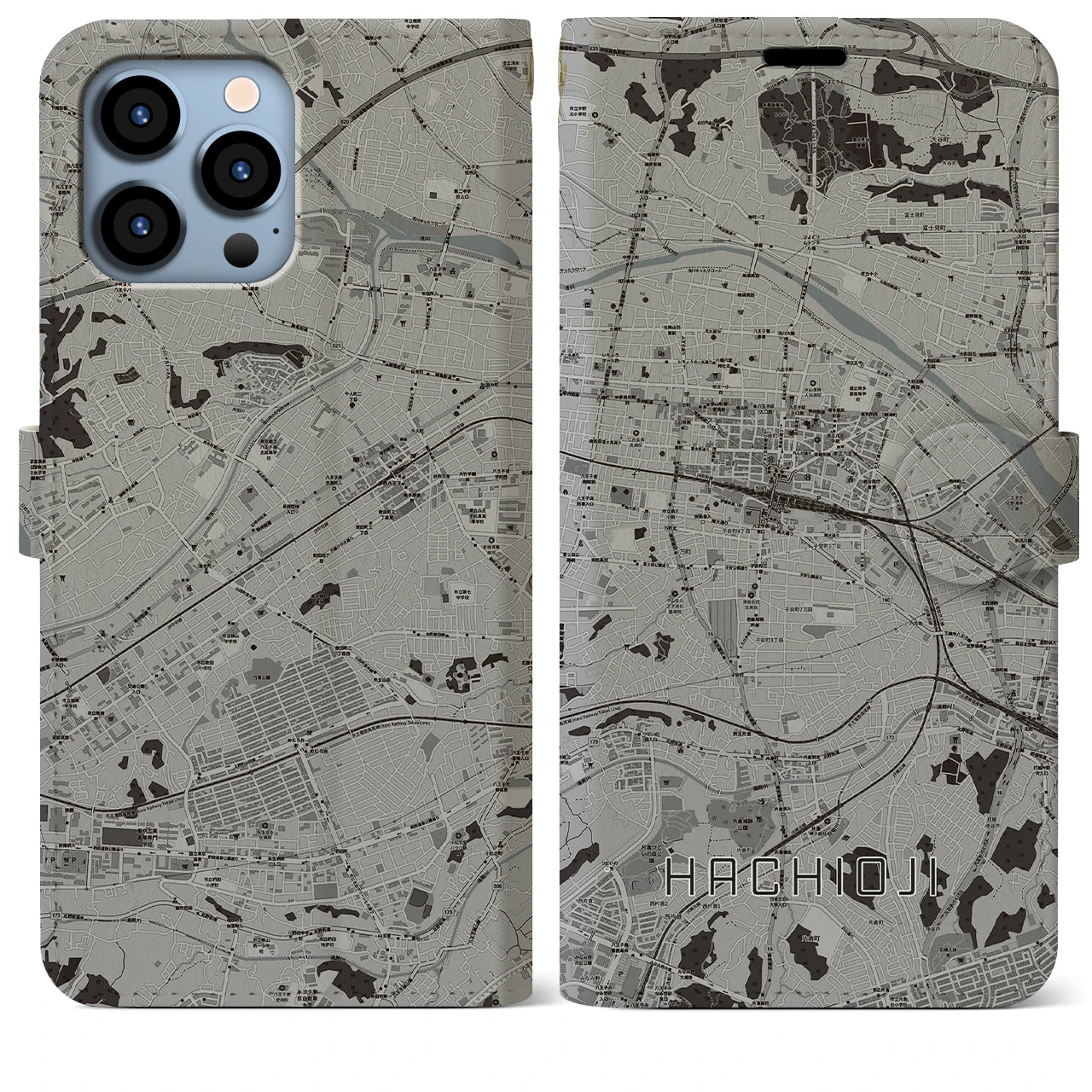 【八王子(東京都)】地図柄iPhoneケース(手帳タイプ)モノトーン・iPhone 13 Pro Max 用