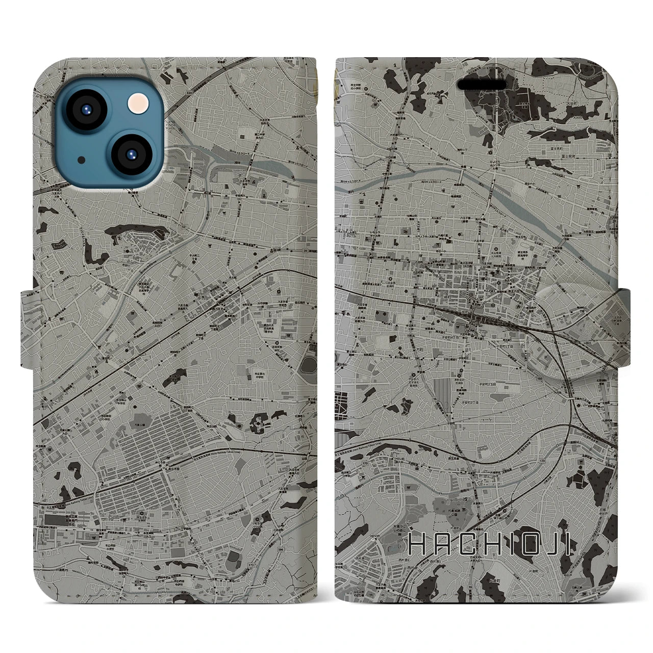 【八王子(東京都)】地図柄iPhoneケース(手帳タイプ)モノトーン・iPhone 13 用