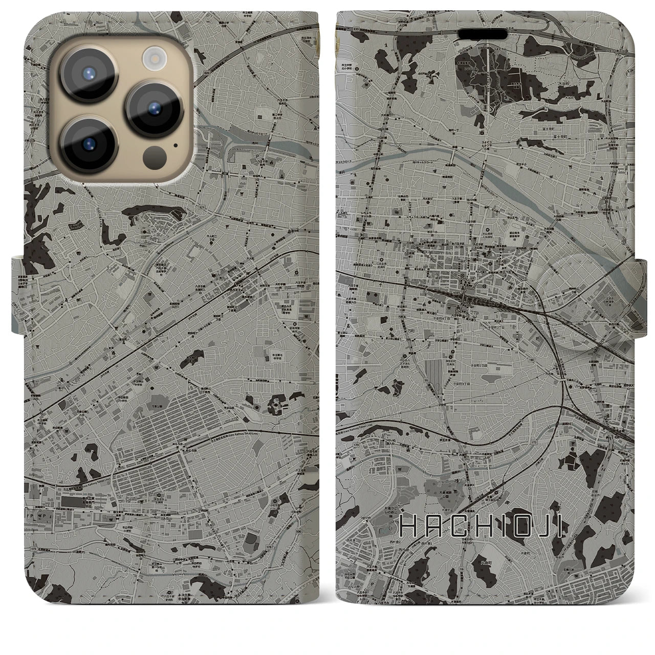 【八王子(東京都)】地図柄iPhoneケース(手帳タイプ)モノトーン・iPhone 14 Pro Max 用