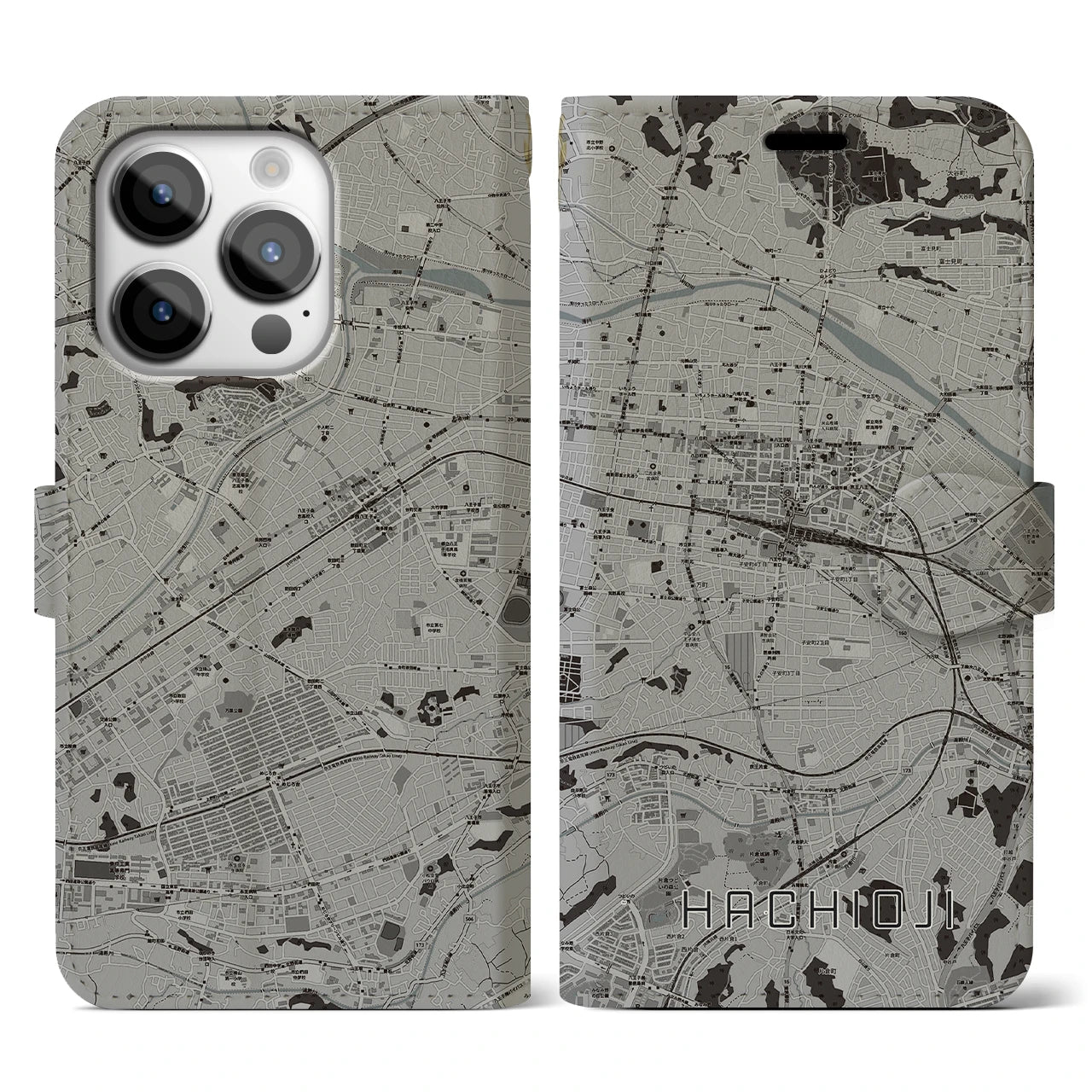 【八王子(東京都)】地図柄iPhoneケース(手帳タイプ)モノトーン・iPhone 14 Pro 用