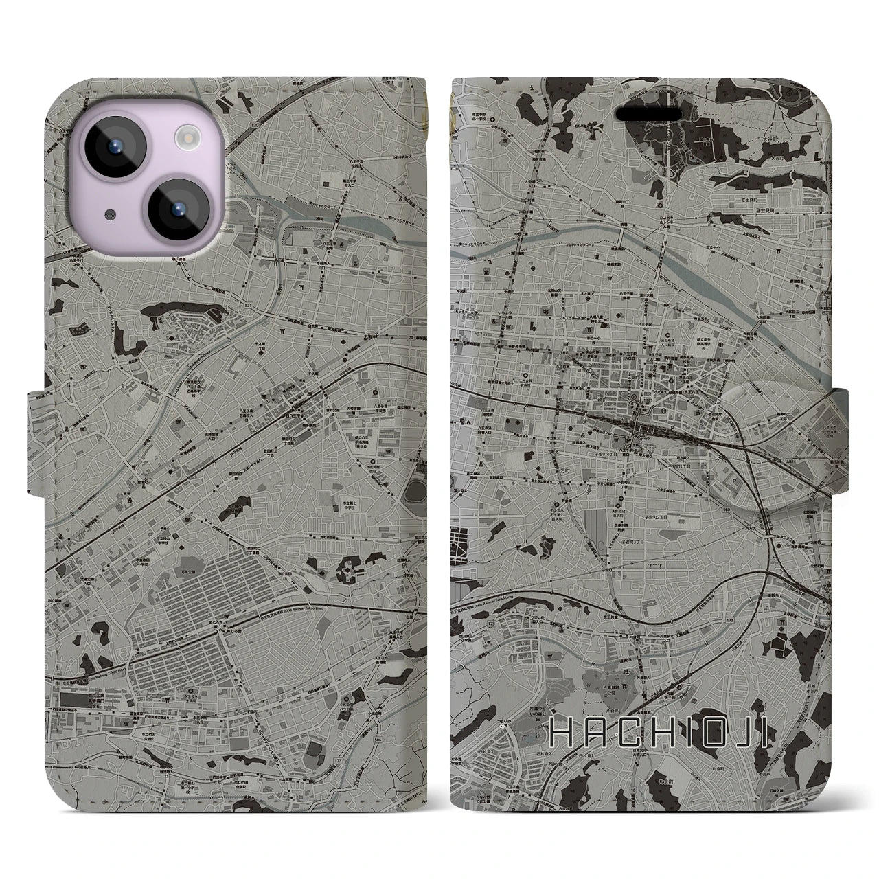 【八王子(東京都)】地図柄iPhoneケース(手帳タイプ)モノトーン・iPhone 14 用