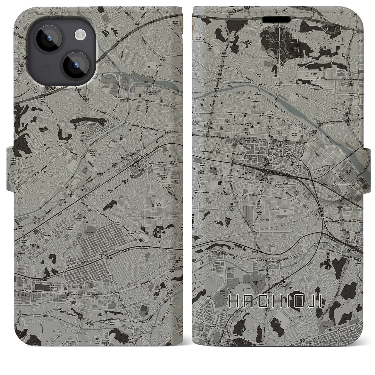 【八王子(東京都)】地図柄iPhoneケース(手帳タイプ)モノトーン・iPhone 14 Plus 用