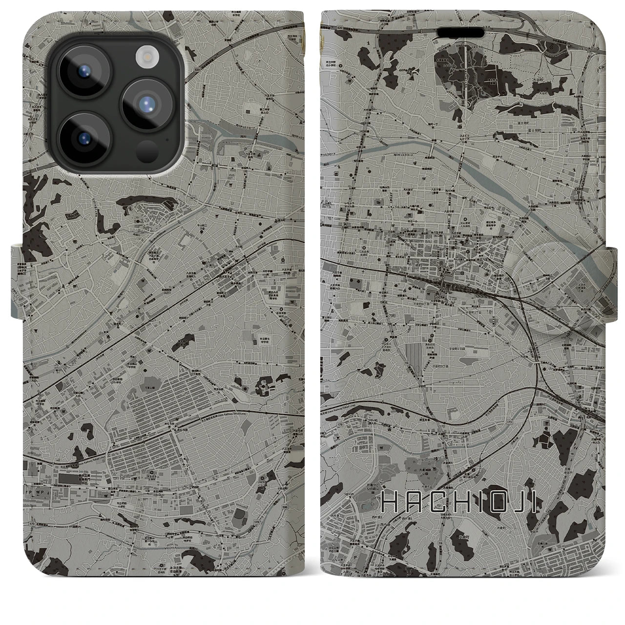 【八王子(東京都)】地図柄iPhoneケース(手帳タイプ)モノトーン・iPhone 15 Pro Max 用