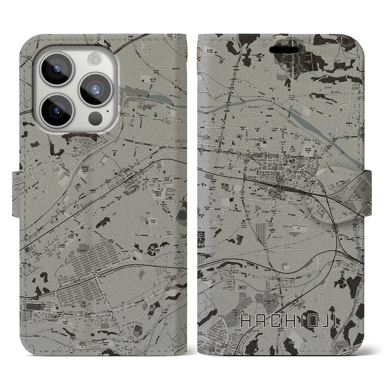 【八王子(東京都)】地図柄iPhoneケース(手帳タイプ)モノトーン・iPhone 15 Pro 用