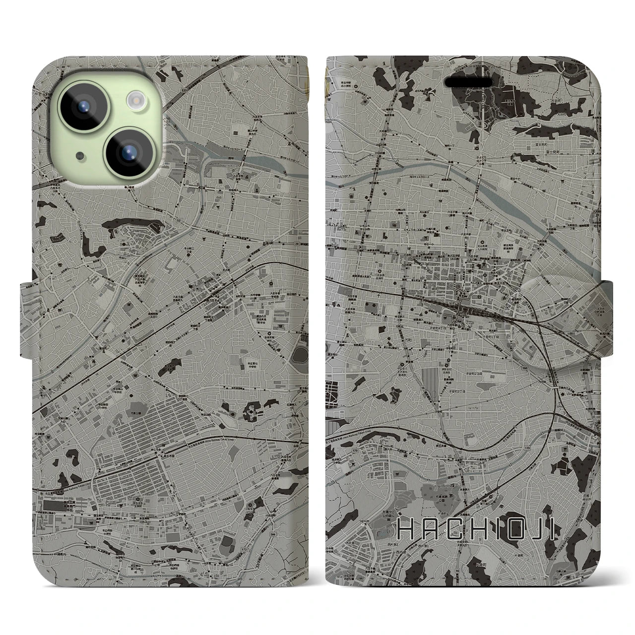【八王子(東京都)】地図柄iPhoneケース(手帳タイプ)モノトーン・iPhone 15 用
