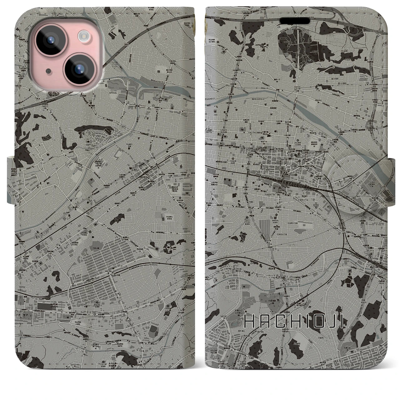 【八王子(東京都)】地図柄iPhoneケース(手帳タイプ)モノトーン・iPhone 15 Plus 用