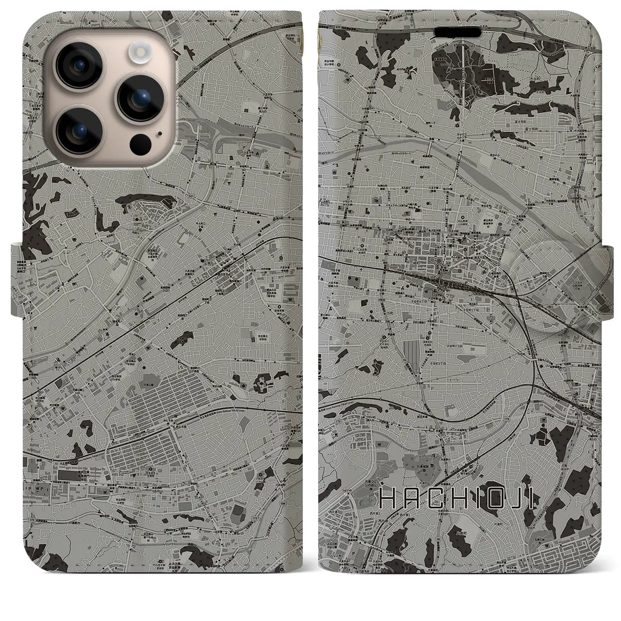 【八王子(東京都)】地図柄iPhoneケース(手帳タイプ)モノトーン・iPhone 16 Plus 用