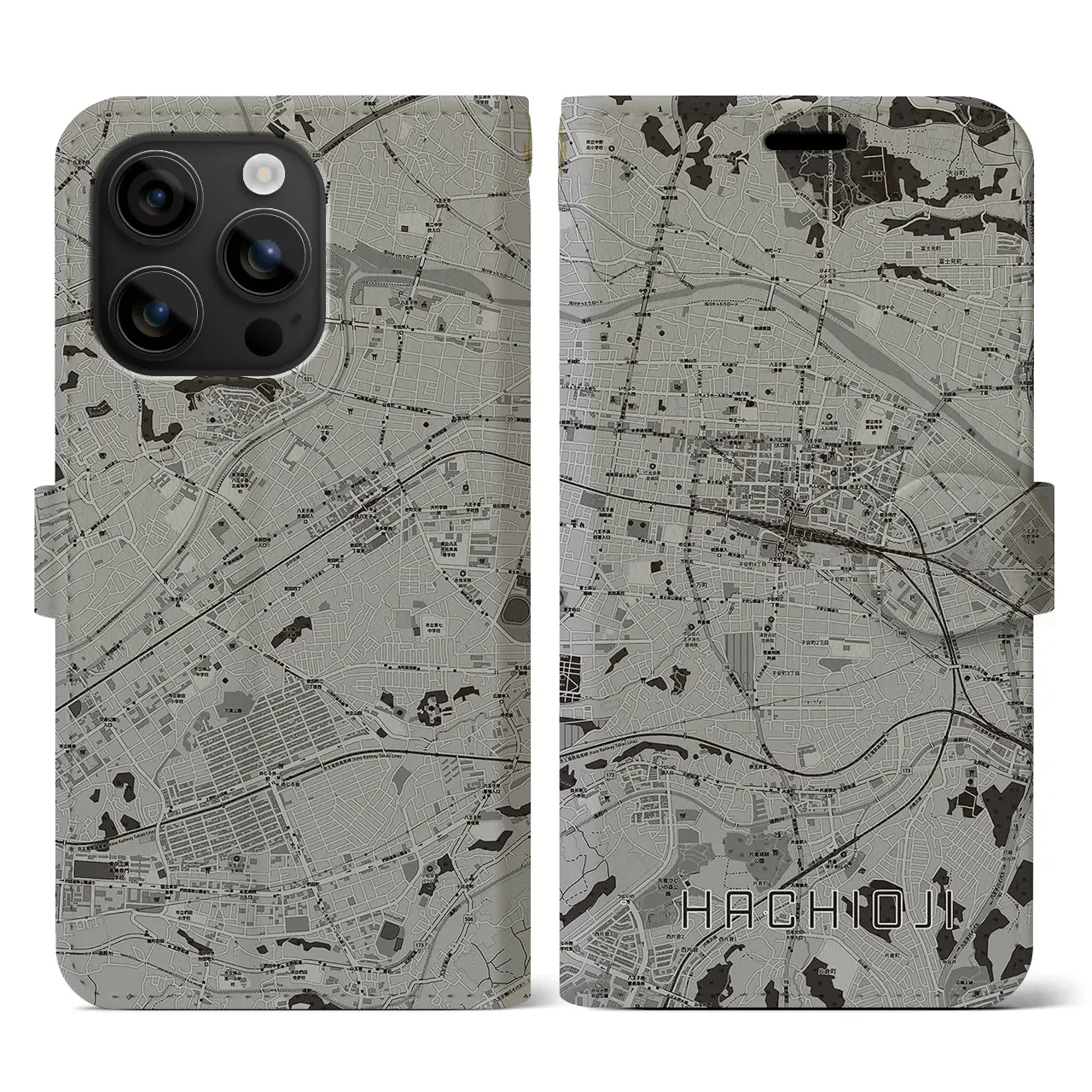 【八王子(東京都)】地図柄iPhoneケース(手帳タイプ)モノトーン・iPhone 16 用