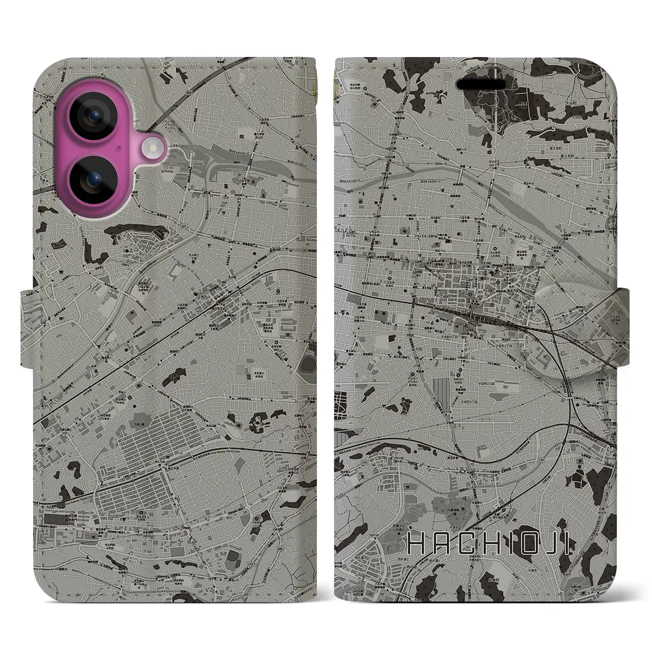 【八王子(東京都)】地図柄iPhoneケース(手帳タイプ)モノトーン・iPhone 16 Pro 用