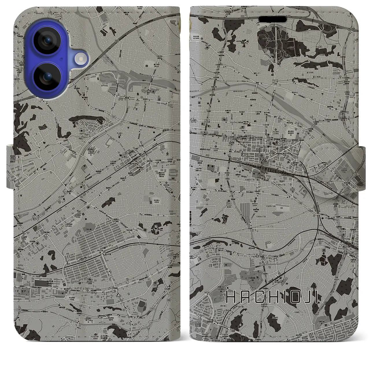 【八王子(東京都)】地図柄iPhoneケース(手帳タイプ)モノトーン・iPhone 16 Pro Max 用