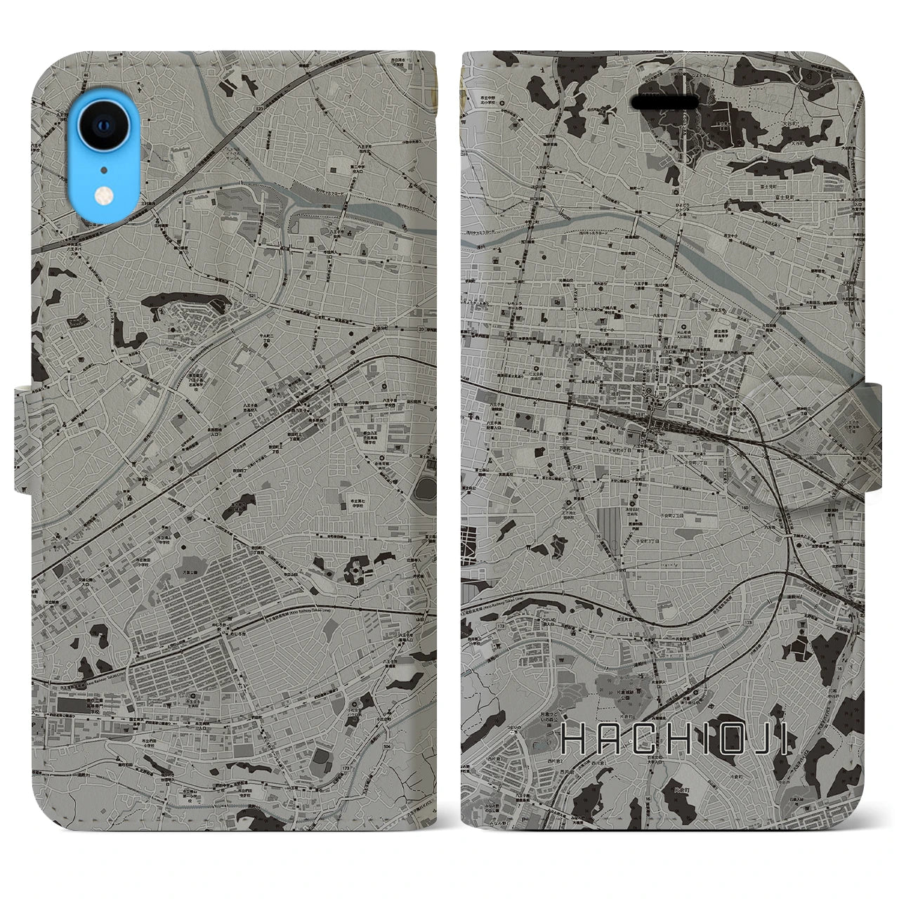 【八王子(東京都)】地図柄iPhoneケース(手帳タイプ)モノトーン・iPhone XR 用