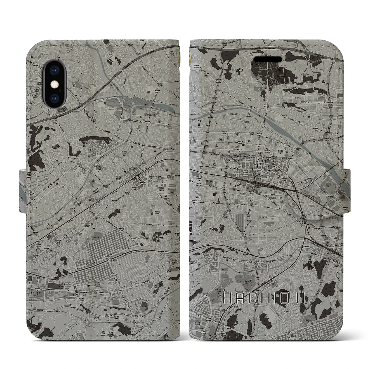 【八王子(東京都)】地図柄iPhoneケース(手帳タイプ)モノトーン・iPhone XS / X 用