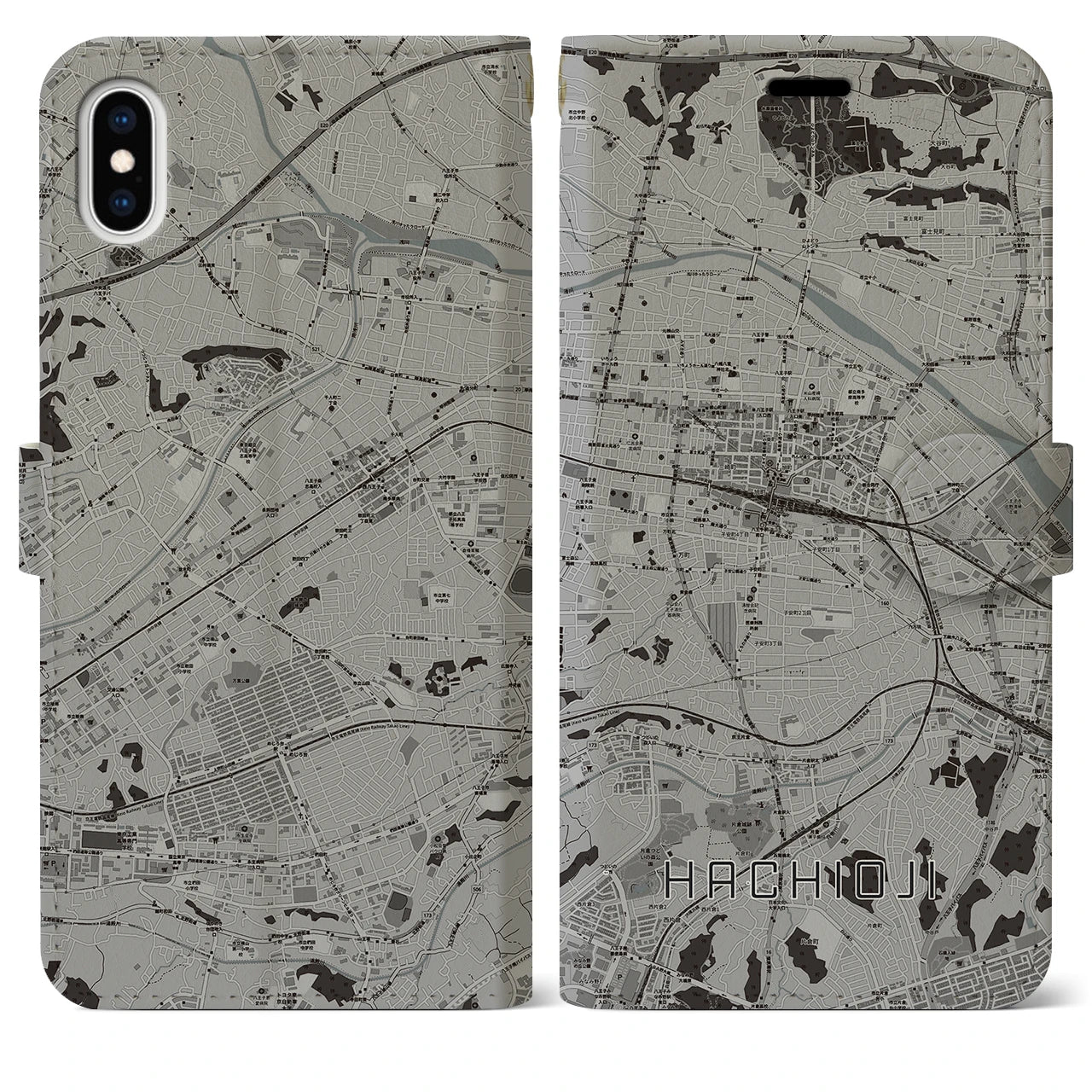【八王子(東京都)】地図柄iPhoneケース(手帳タイプ)モノトーン・iPhone XS Max 用