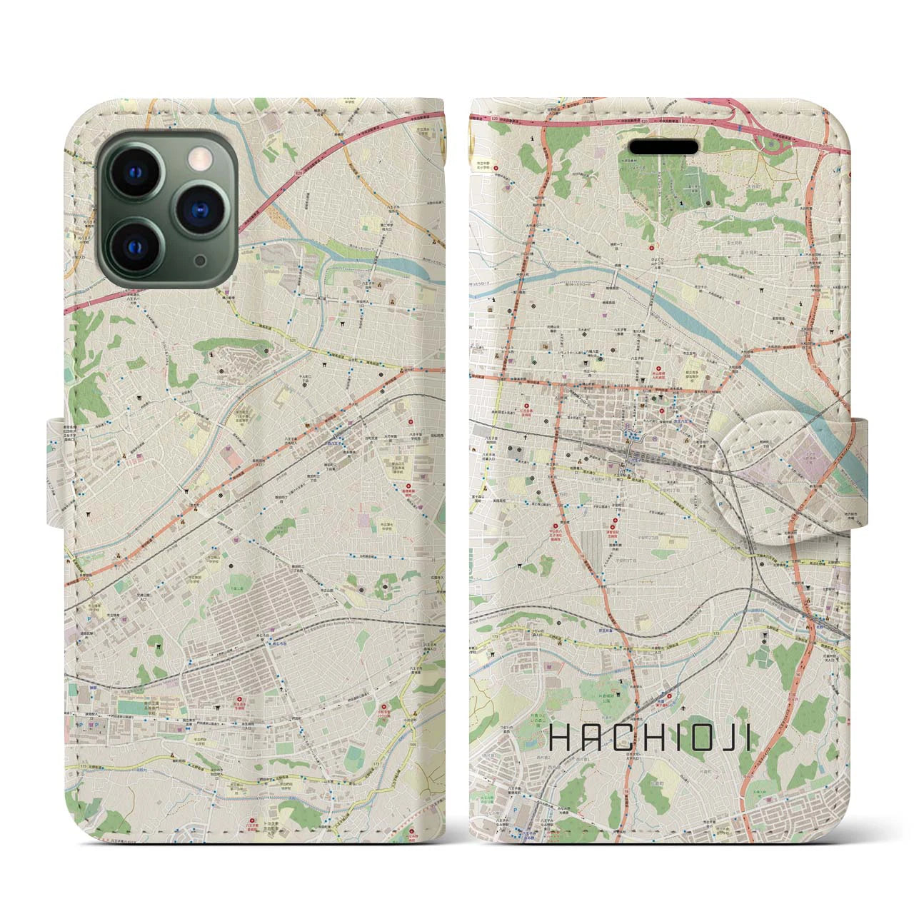 【八王子(東京都)】地図柄iPhoneケース(手帳タイプ)ナチュラル・iPhone 11 Pro 用