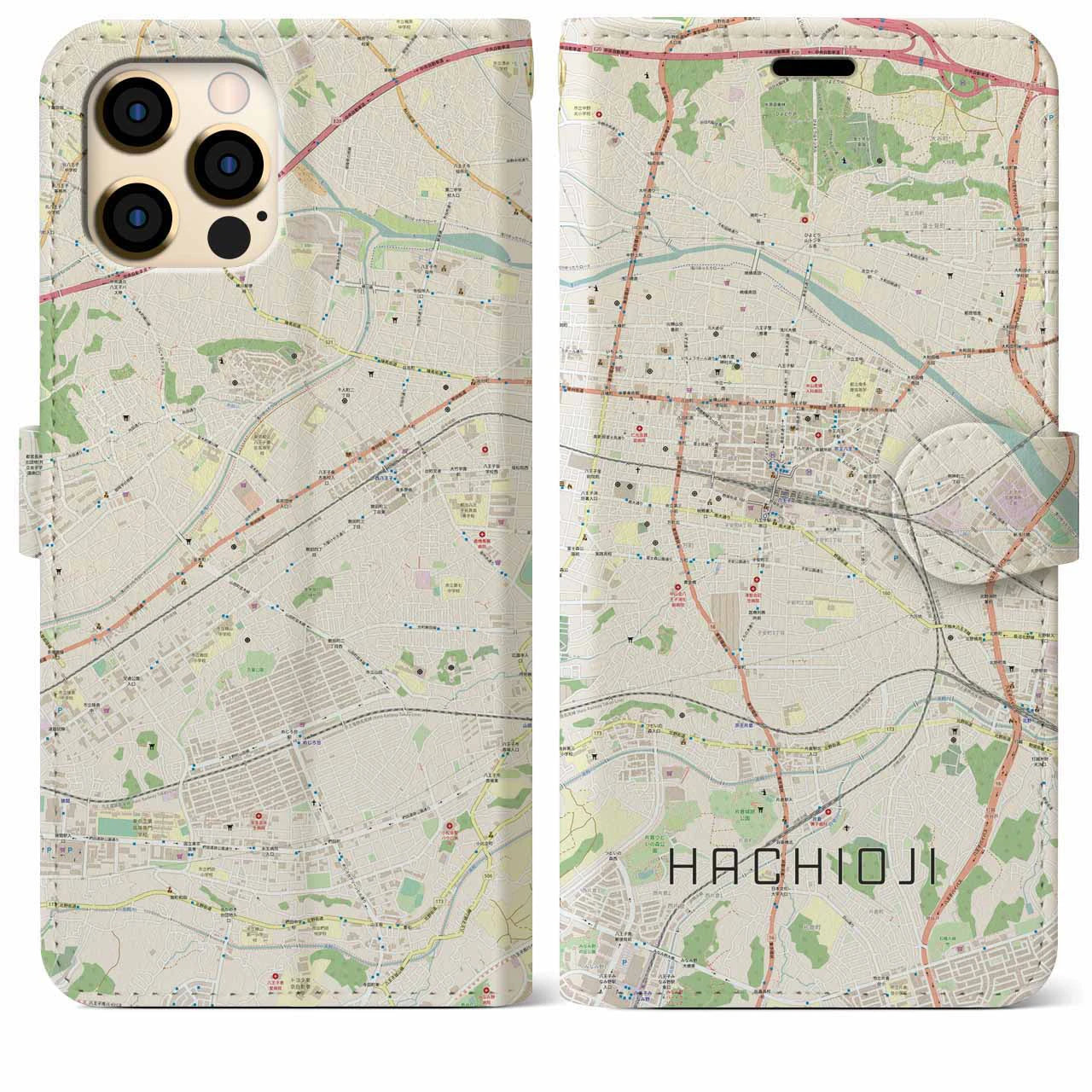【八王子(東京都)】地図柄iPhoneケース(手帳タイプ)ナチュラル・iPhone 12 Pro Max 用