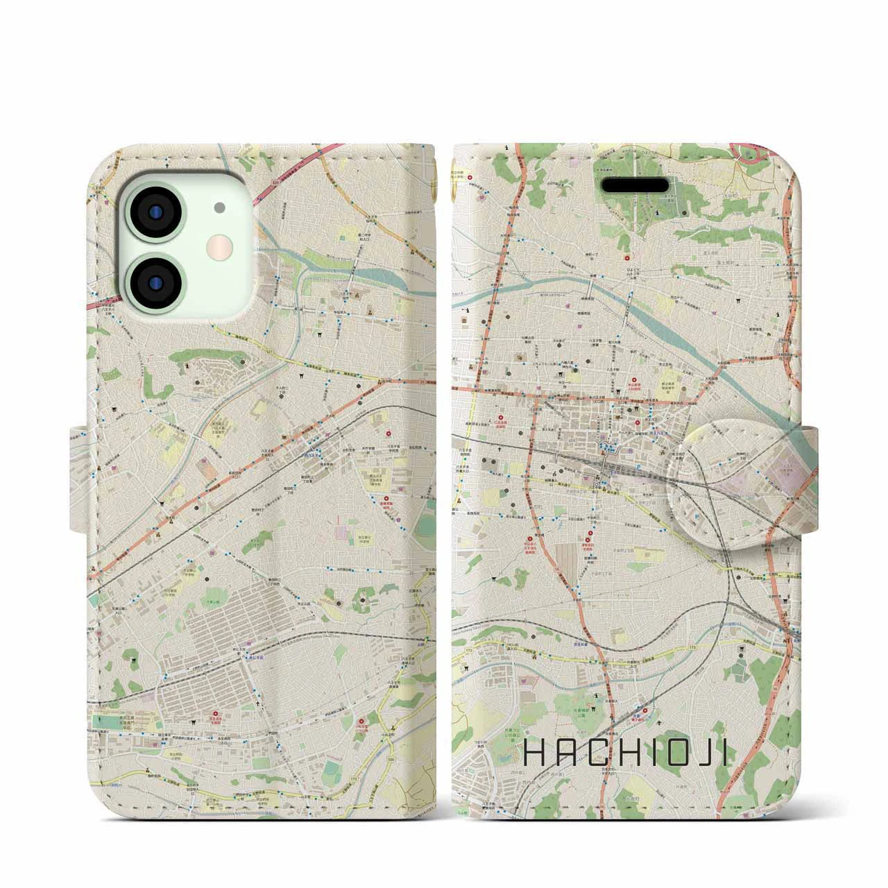 【八王子(東京都)】地図柄iPhoneケース(手帳タイプ)ナチュラル・iPhone 12 mini 用