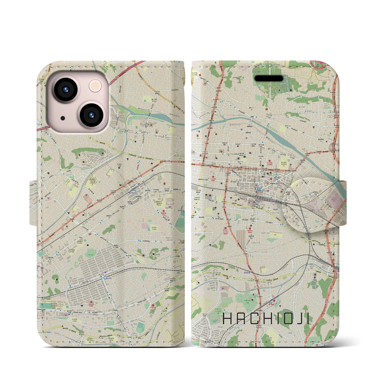 【八王子(東京都)】地図柄iPhoneケース(手帳タイプ)ナチュラル・iPhone 13 mini 用