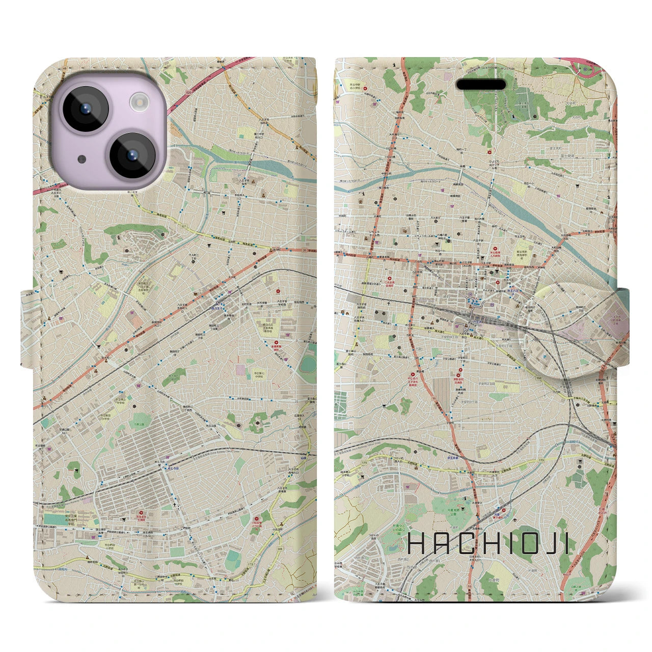 【八王子(東京都)】地図柄iPhoneケース(手帳タイプ)ナチュラル・iPhone 14 用