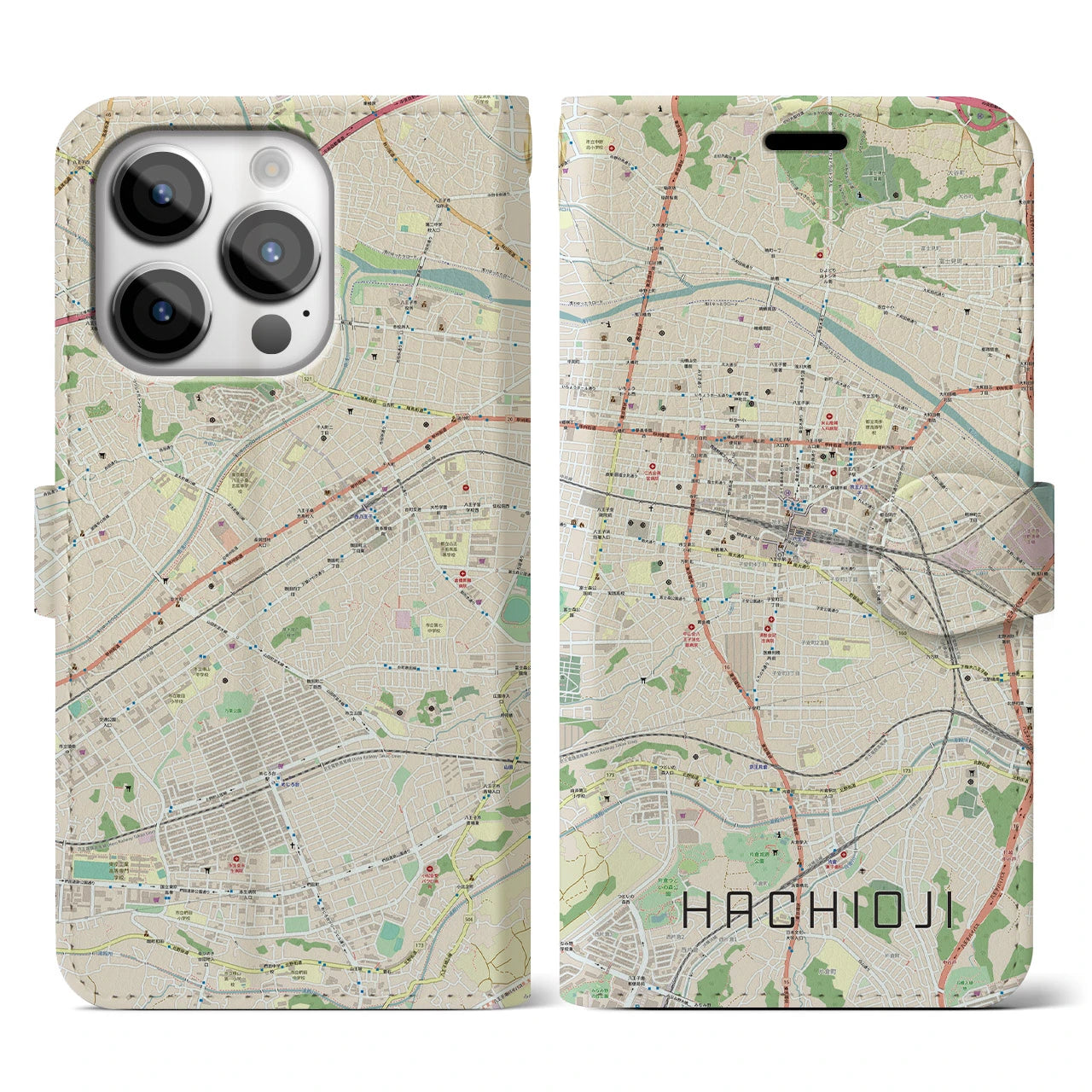 【八王子(東京都)】地図柄iPhoneケース(手帳タイプ)ナチュラル・iPhone 14 Pro 用