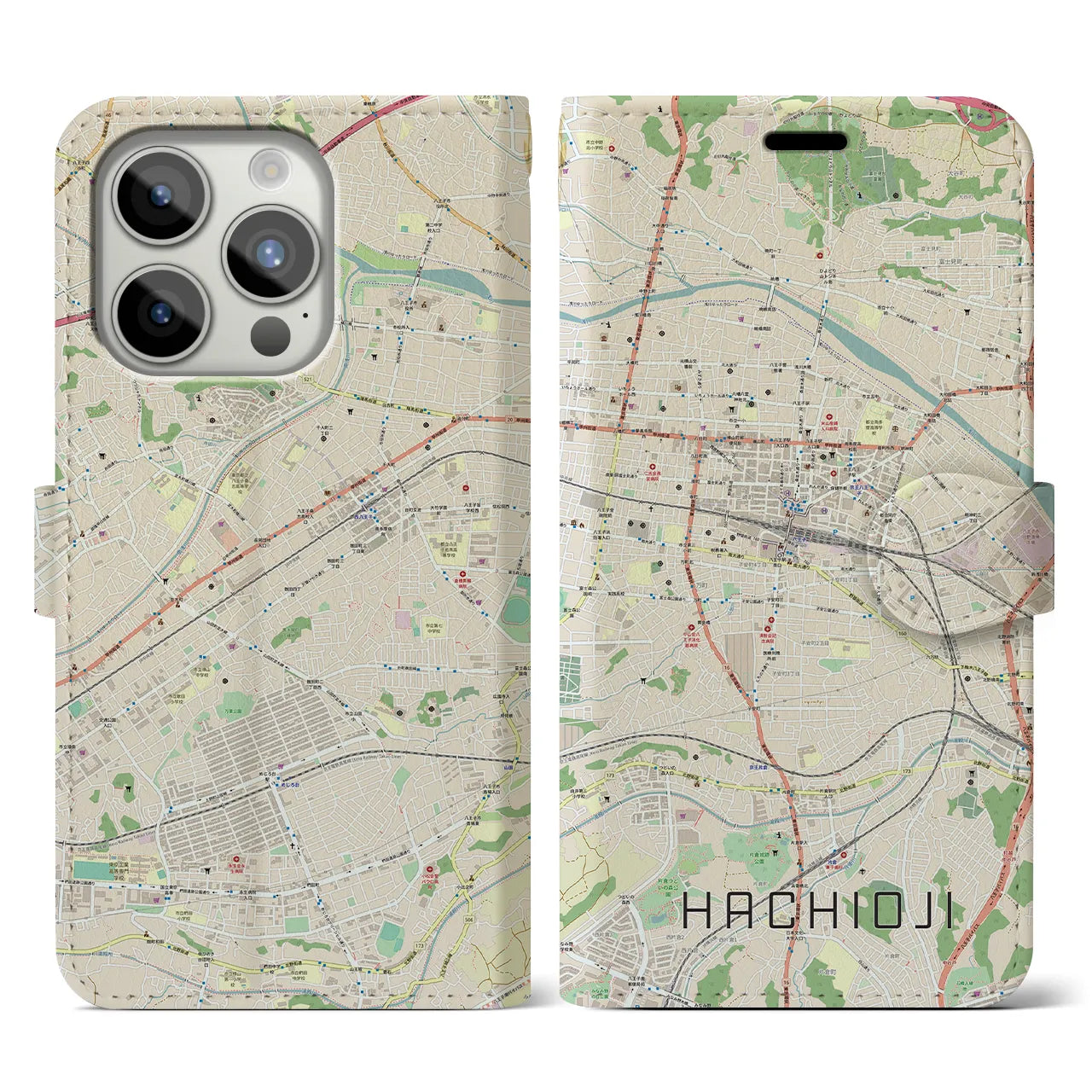 【八王子(東京都)】地図柄iPhoneケース(手帳タイプ)ナチュラル・iPhone 15 Pro 用