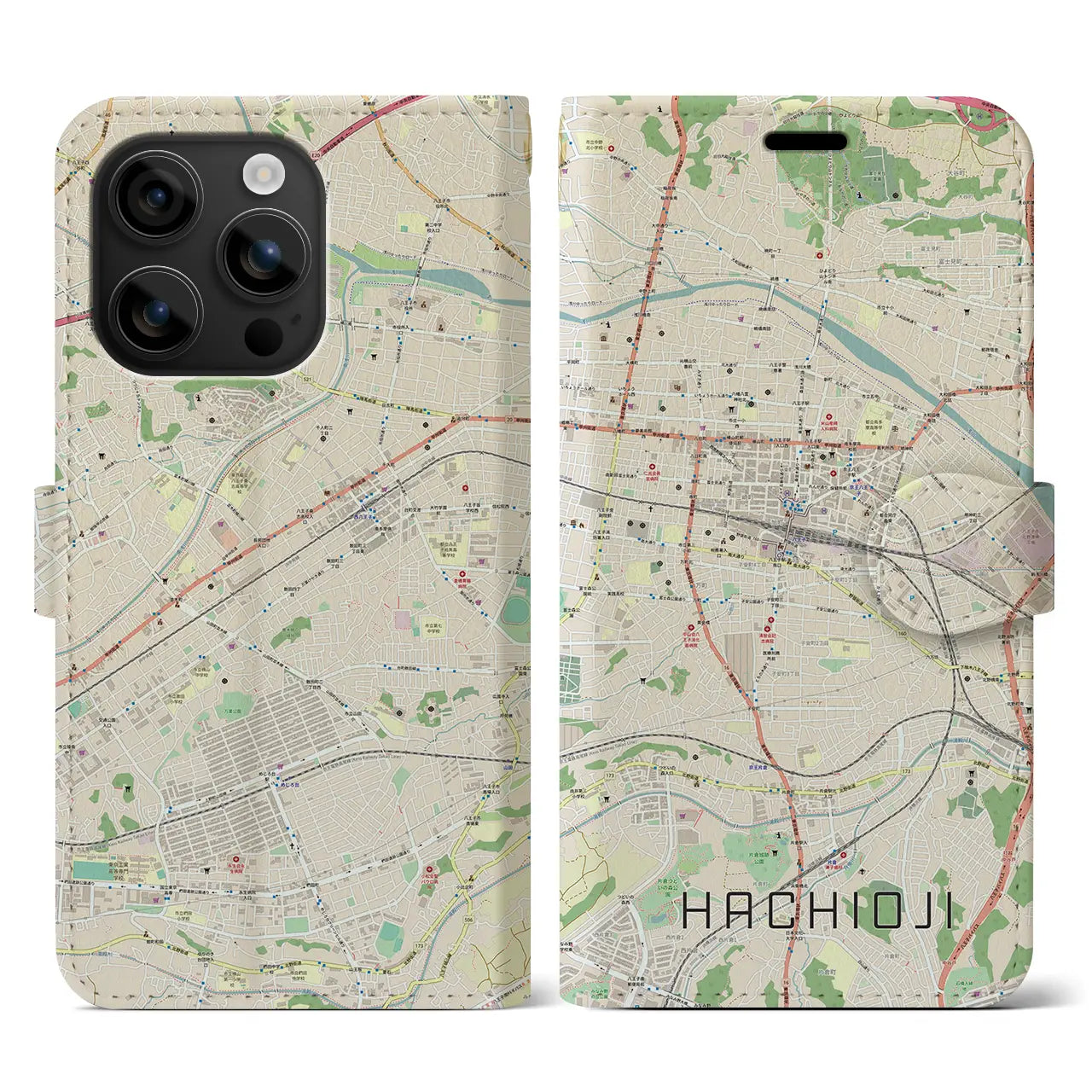 【八王子(東京都)】地図柄iPhoneケース(手帳タイプ)ナチュラル・iPhone 16 用