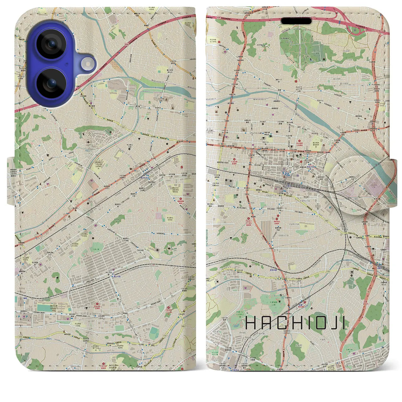 【八王子(東京都)】地図柄iPhoneケース(手帳タイプ)ナチュラル・iPhone 16 Pro Max 用