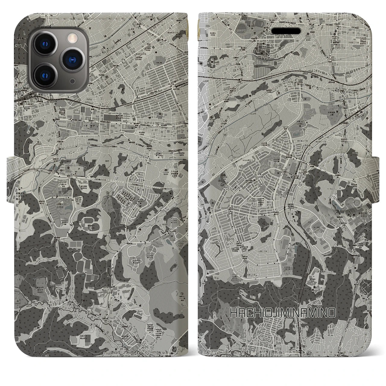 【八王子みなみ野(東京都)】地図柄iPhoneケース(手帳タイプ)モノトーン・iPhone 11 Pro Max 用