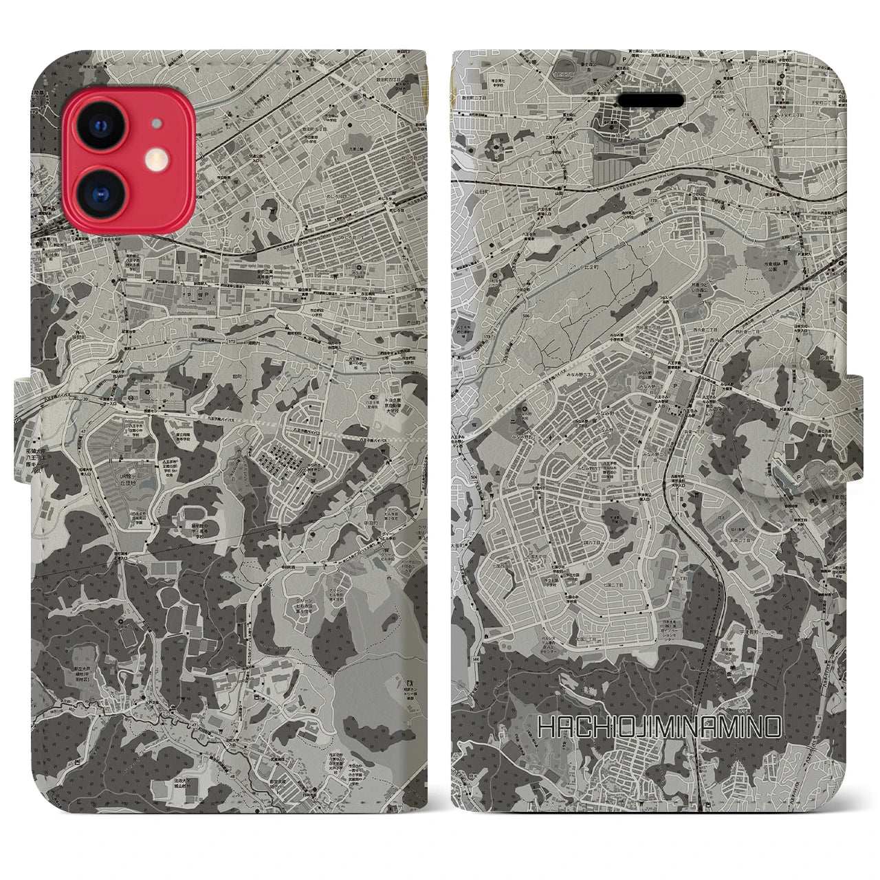 【八王子みなみ野(東京都)】地図柄iPhoneケース(手帳タイプ)モノトーン・iPhone 11 用