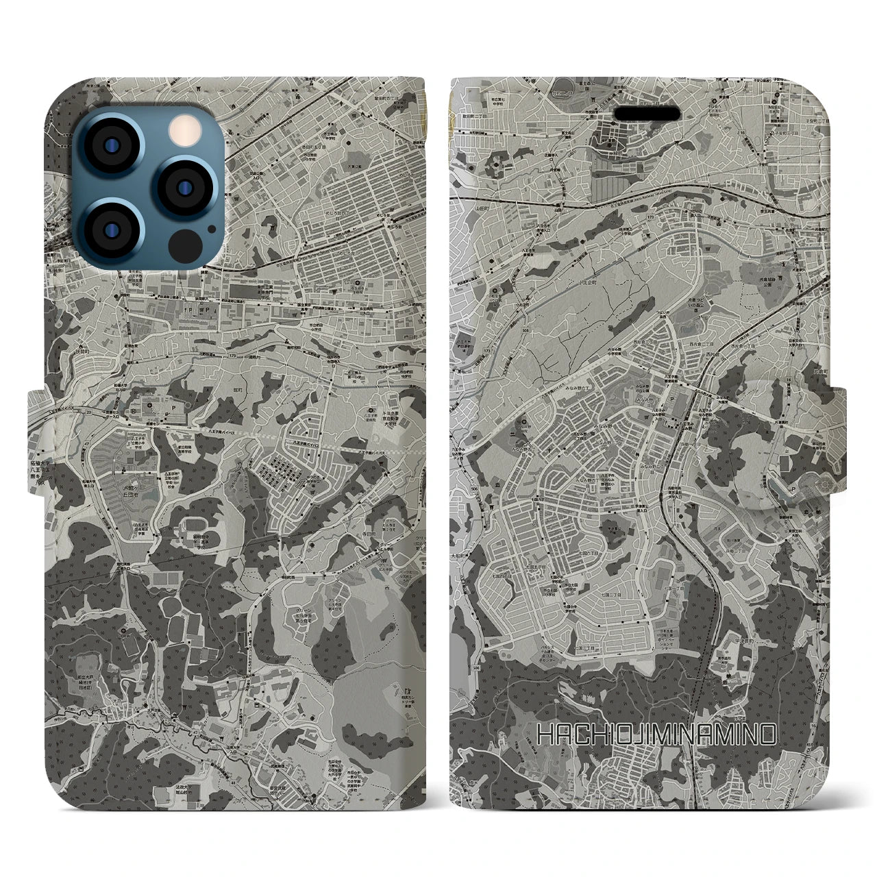 【八王子みなみ野(東京都)】地図柄iPhoneケース(手帳タイプ)モノトーン・iPhone 12 / 12 Pro 用