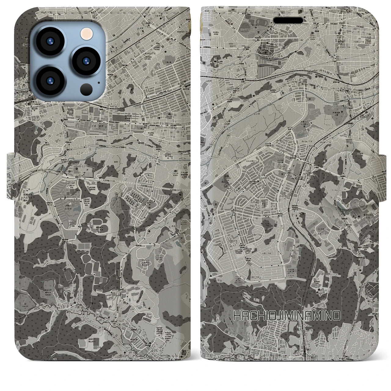 【八王子みなみ野(東京都)】地図柄iPhoneケース(手帳タイプ)モノトーン・iPhone 13 Pro Max 用