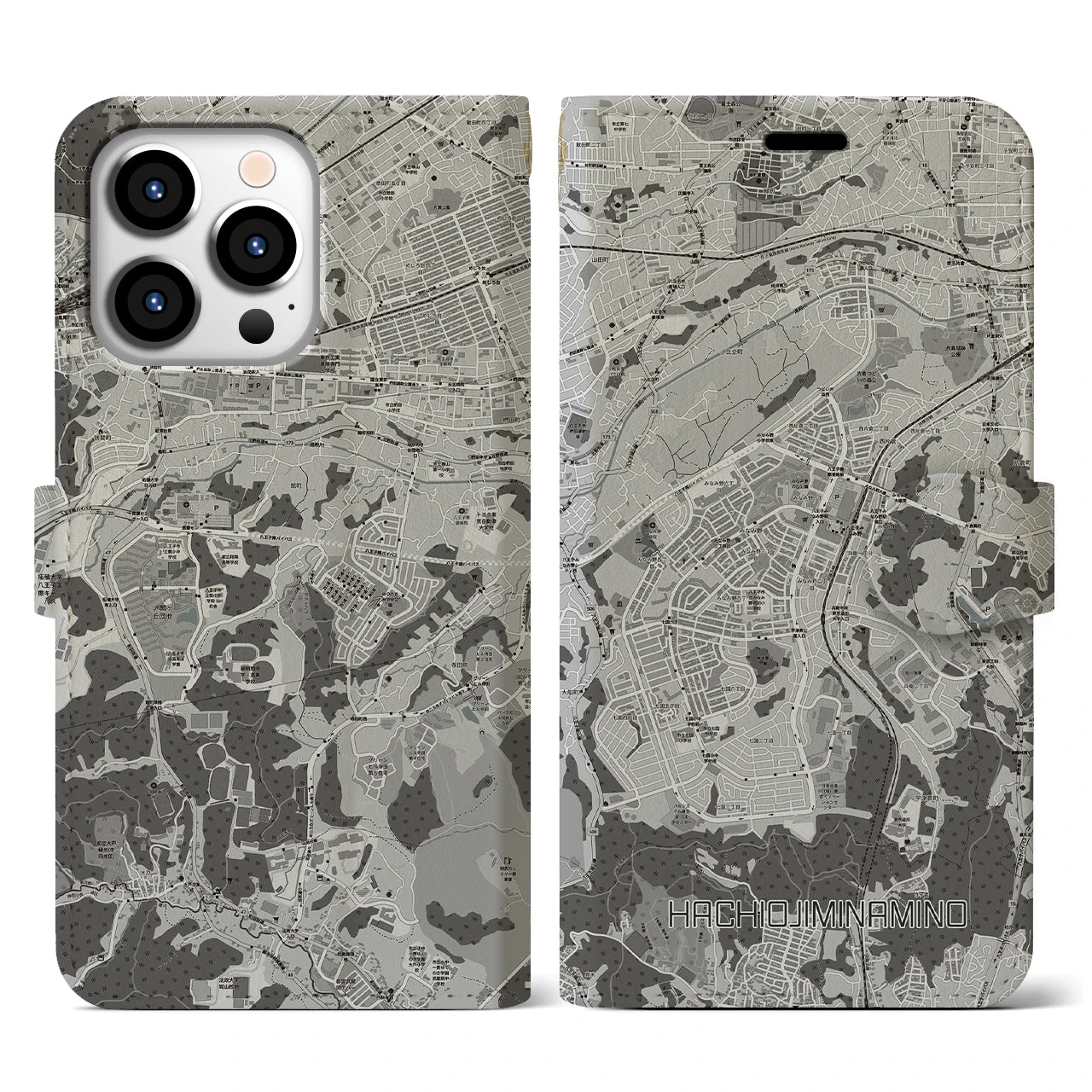 【八王子みなみ野(東京都)】地図柄iPhoneケース(手帳タイプ)モノトーン・iPhone 13 Pro 用