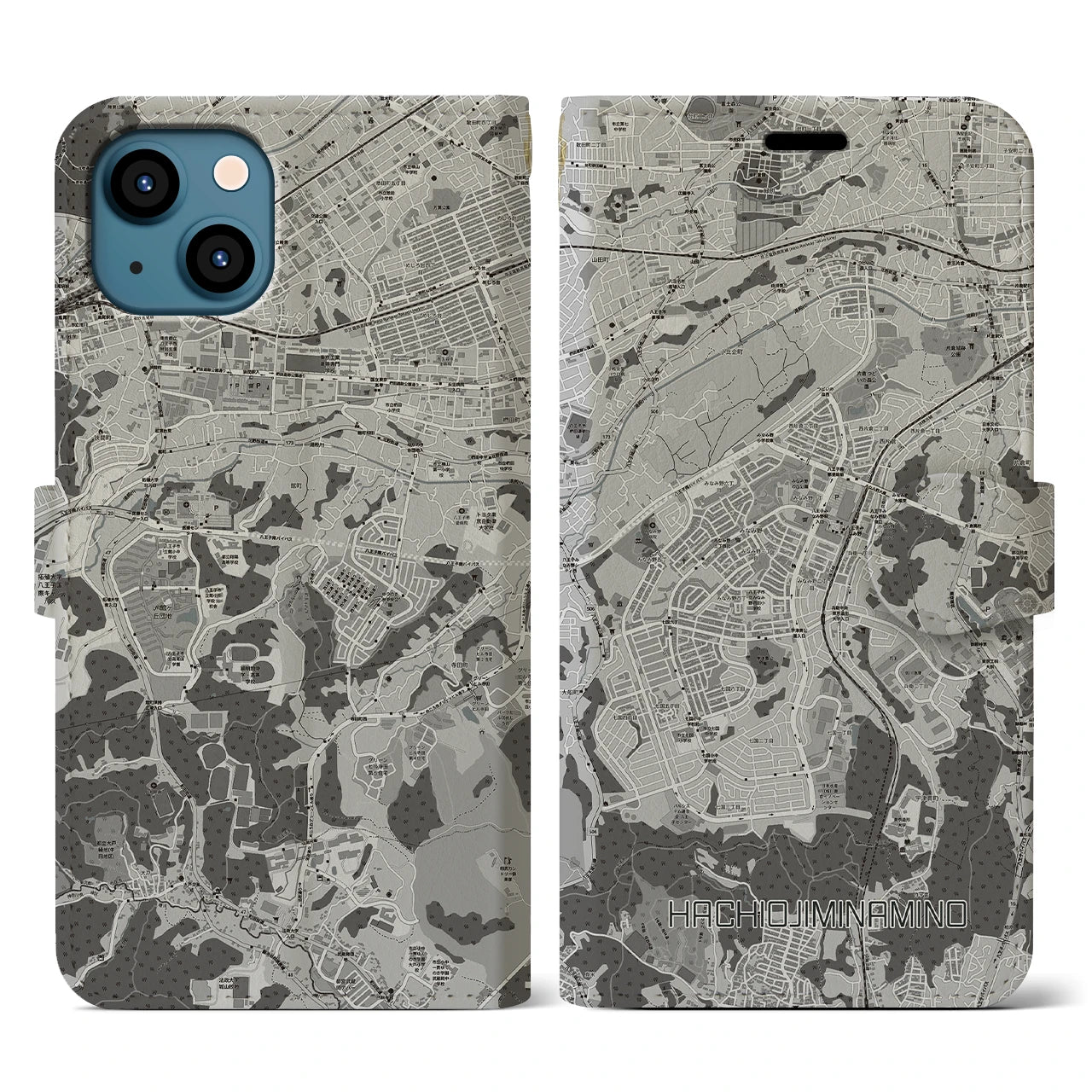 【八王子みなみ野(東京都)】地図柄iPhoneケース(手帳タイプ)モノトーン・iPhone 13 用