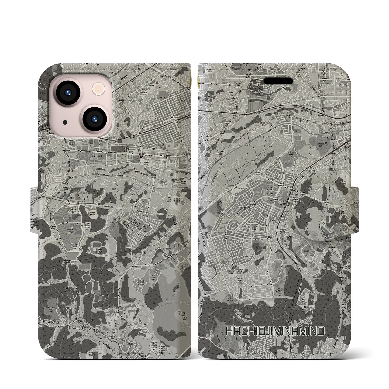 【八王子みなみ野(東京都)】地図柄iPhoneケース(手帳タイプ)モノトーン・iPhone 13 mini 用
