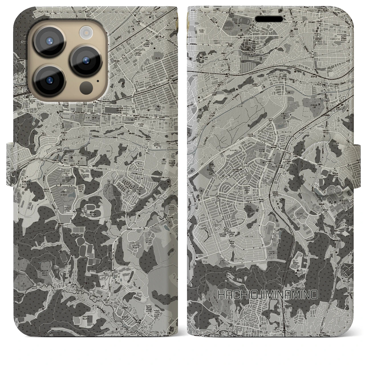 【八王子みなみ野(東京都)】地図柄iPhoneケース(手帳タイプ)モノトーン・iPhone 14 Pro Max 用