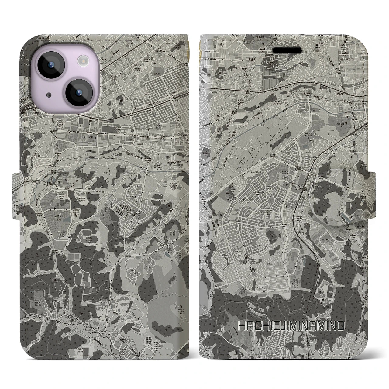 【八王子みなみ野(東京都)】地図柄iPhoneケース(手帳タイプ)モノトーン・iPhone 14 用