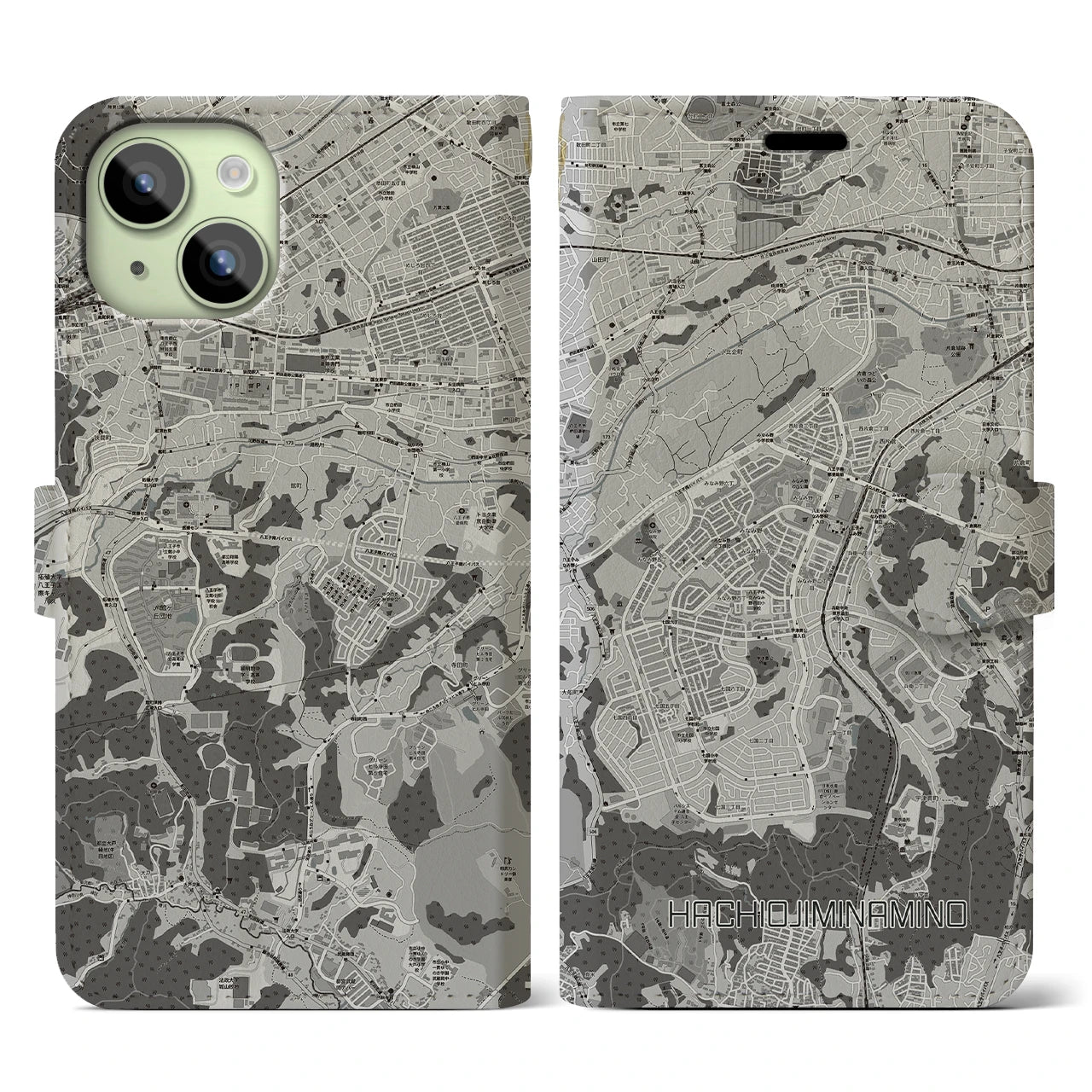 【八王子みなみ野(東京都)】地図柄iPhoneケース(手帳タイプ)モノトーン・iPhone 15 用