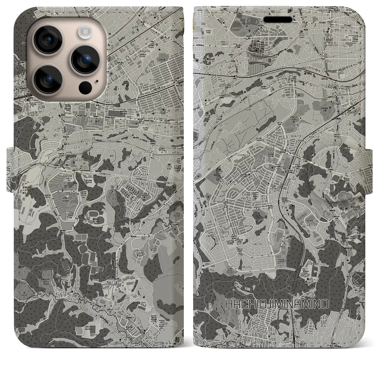 【八王子みなみ野(東京都)】地図柄iPhoneケース(手帳タイプ)モノトーン・iPhone 16 Plus 用