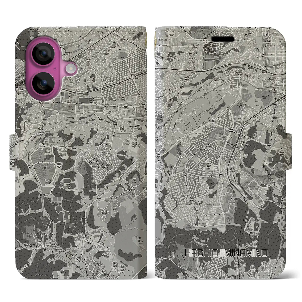 【八王子みなみ野(東京都)】地図柄iPhoneケース(手帳タイプ)モノトーン・iPhone 16 Pro 用