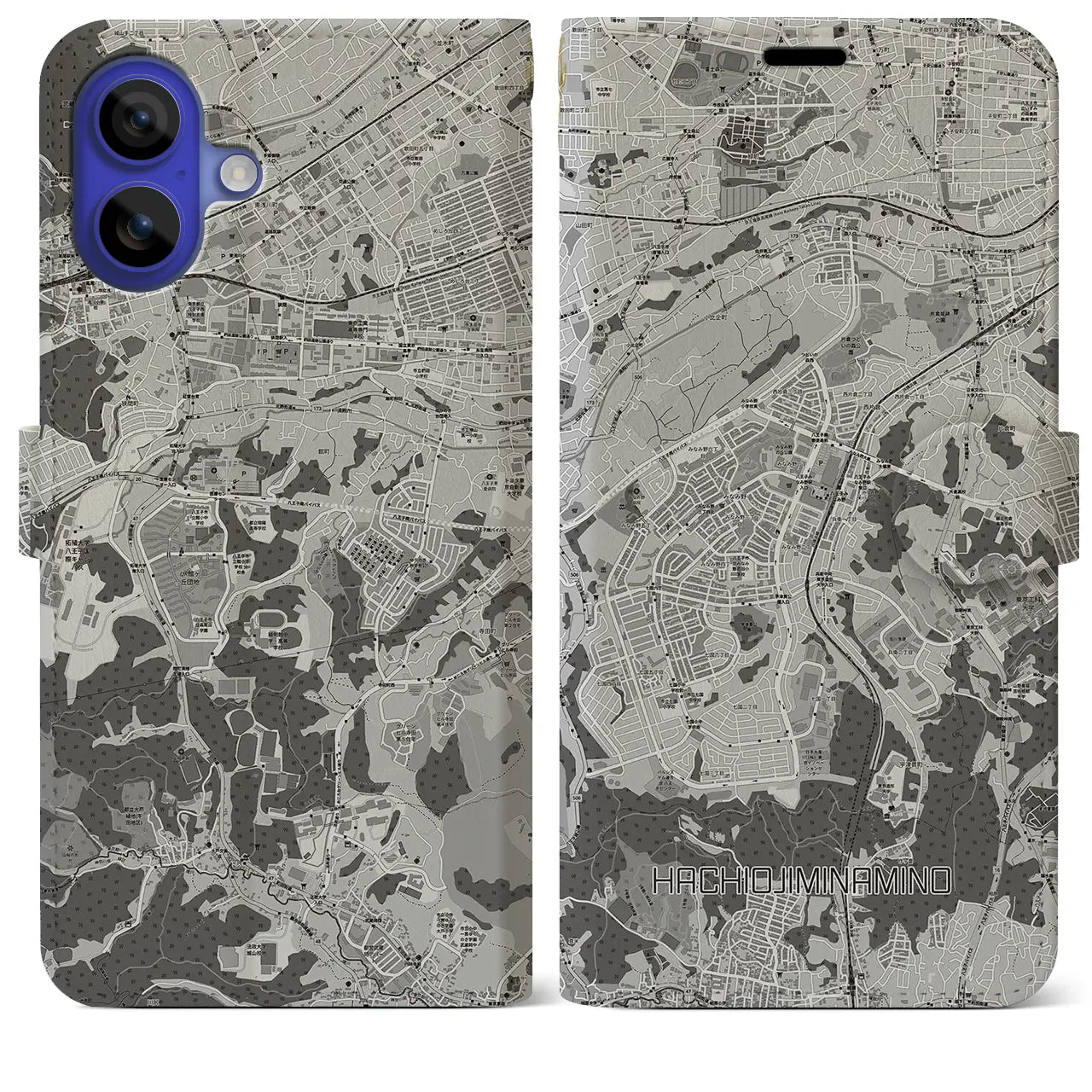 【八王子みなみ野(東京都)】地図柄iPhoneケース(手帳タイプ)モノトーン・iPhone 16 Pro Max 用