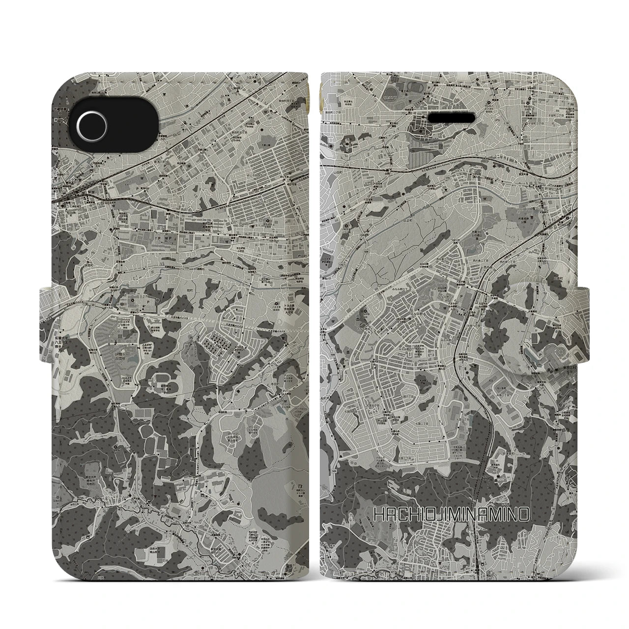 【八王子みなみ野(東京都)】地図柄iPhoneケース(手帳タイプ)モノトーン・iPhone SE(第3 / 第2世代) / 8 / 7 / 6s / 6 用