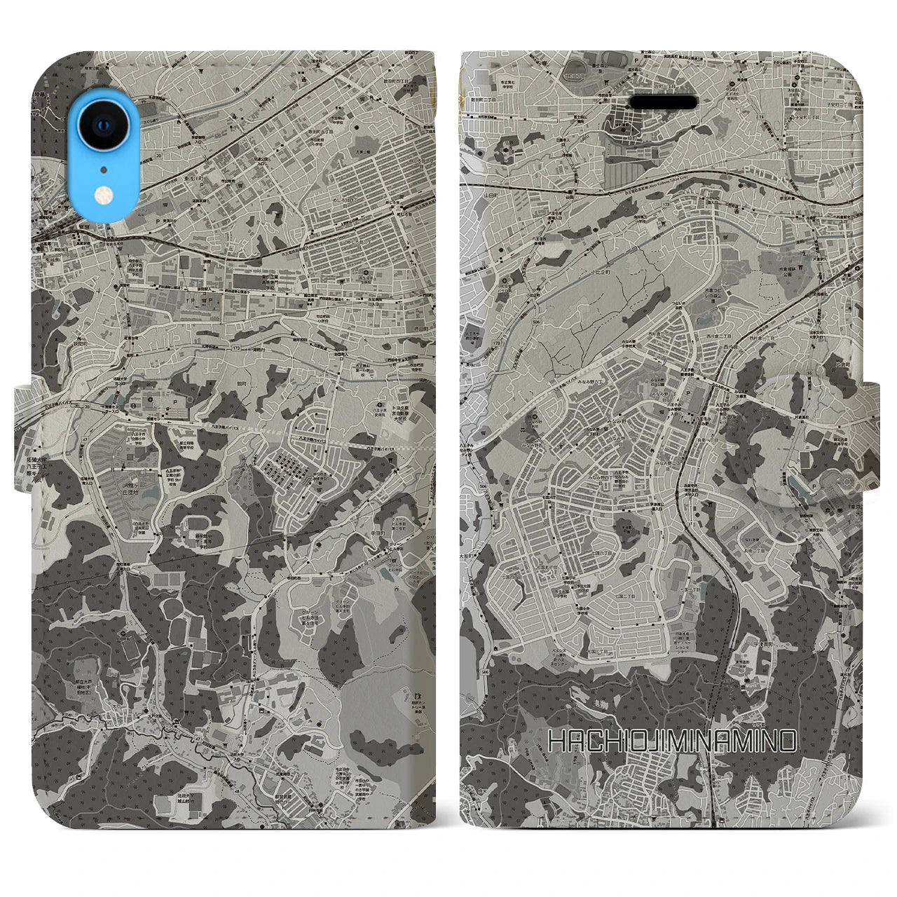 【八王子みなみ野(東京都)】地図柄iPhoneケース(手帳タイプ)モノトーン・iPhone XR 用